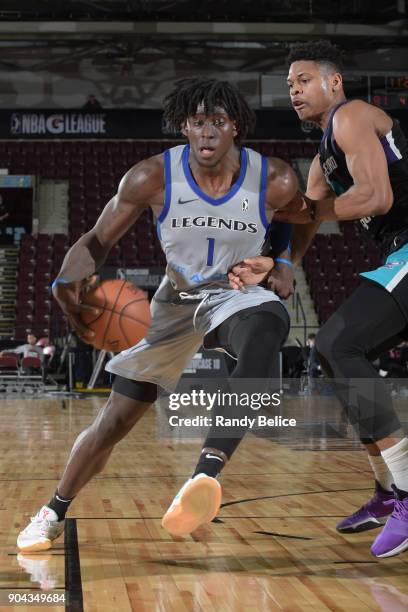 Johnathan Motley of the Texas Legends handles the ball against the Greensboro Swarm at NBA G League Showcase Game 17 on January 12, 2018 at the...