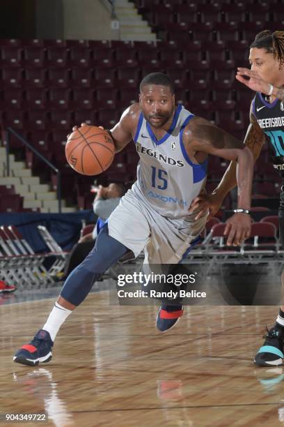 Donald Sloan of the Texas Legends handles the ball against the Greensboro Swarm at NBA G League Showcase Game 17 on January 12, 2018 at the Hershey...