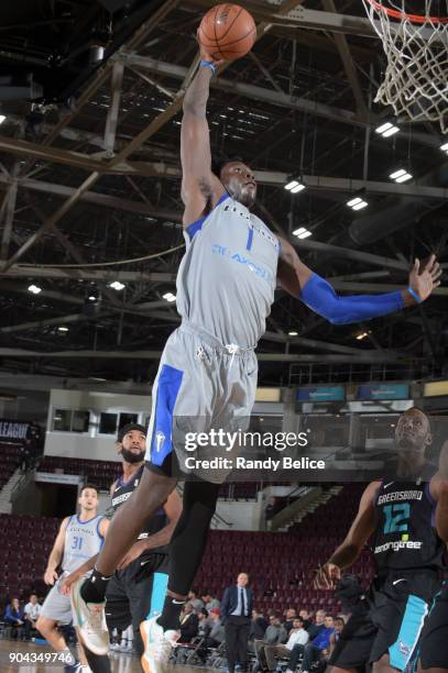 Johnathan Motley of the Texas Legends dunks the ball against the Greensboro Swarm at NBA G League Showcase Game 17 on January 12, 2018 at the Hershey...
