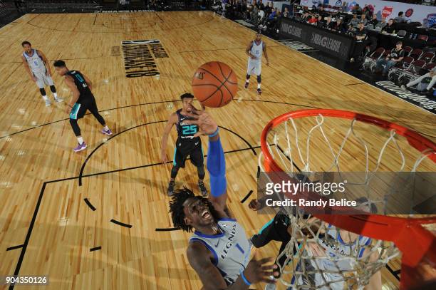 Johnathan Motley of the Texas Legends shoots the ball against the Greensboro Swarm at NBA G League Showcase Game 17 on January 12, 2018 at the...