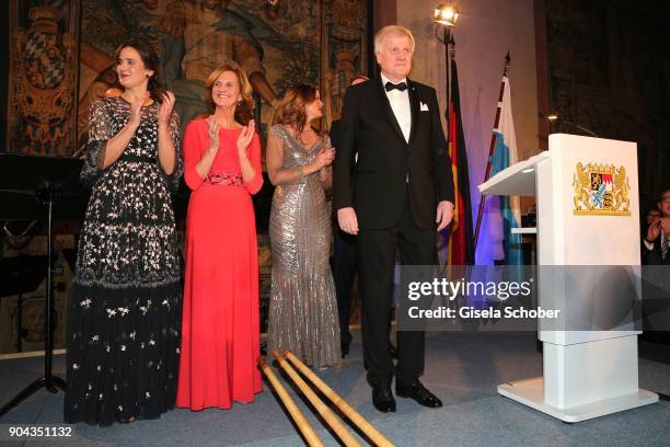 Horst Seehofer and his daughter Ulrike Seehofer, wife Karin Seehofer and daughter Susanne Seehofer during the new year reception of the Bavarian...