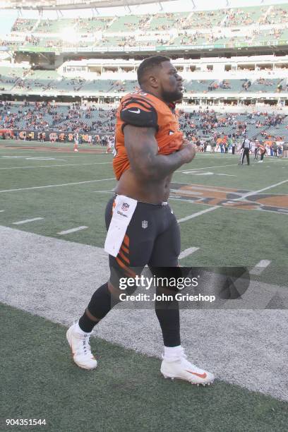 Vontaze Burfict of the Cincinnati Bengals leaves the field after the game against the Cleveland Browns at Paul Brown Stadium on November 26, 2017 in...