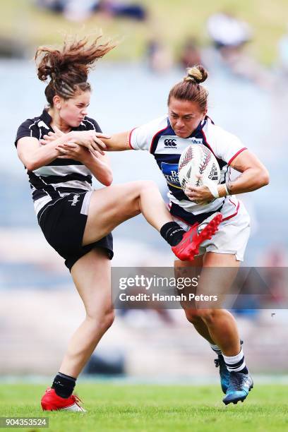 Niall Williams of Auckland makes a break during the Bayleys National Sevens match between Auckland and Hawkes Bay at Rotorua International Stadium on...