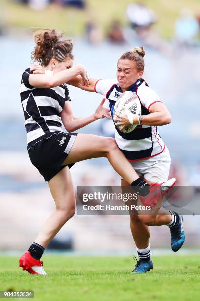 Niall Williams of Auckland makes a break during the Bayleys National Sevens match between Auckland and Hawkes Bay at Rotorua International Stadium on...