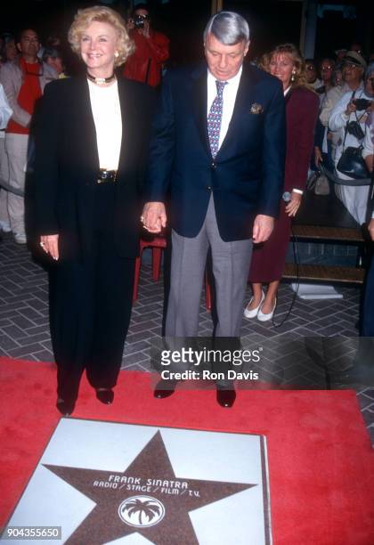 Legendary American singer Frank Sinatra poses with his wife Barbara as Frank is Honored with a Star on the Palm Springs Walk of Stars for His...