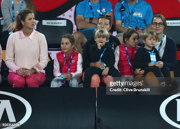 Mirka Federer wife of Roger Federer watches her husband take part in the annual Kids Tennis Day also watched by his four children Myla Rose...