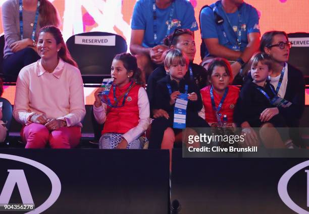 Mirka Federer wife of Roger Federer watches her husband take part in the annual Kids Tennis Day also watched by his four children Myla Rose...