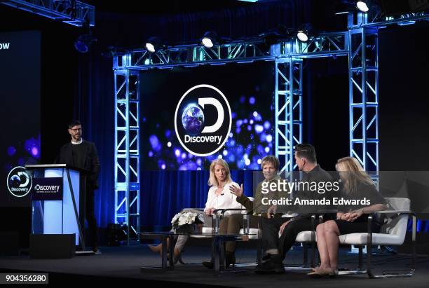 Rich Ross, Group President, Discovery Channel & Science Channel, with Rory Kennedy, director/producer/narrator, Peggy Whitson, Space Shuttle and ISS...