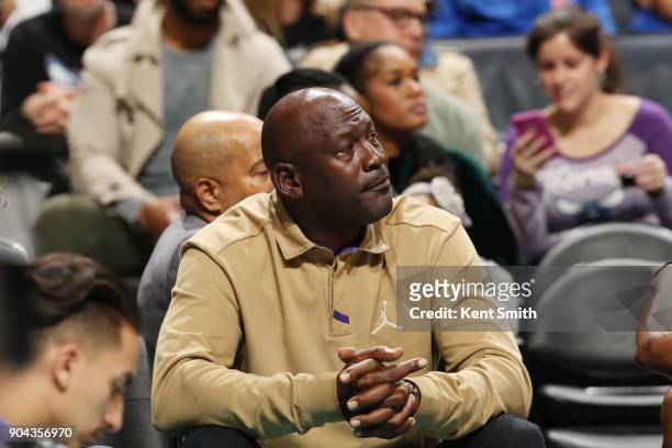 Michael Jordan attends the game between the Utah Jazz and the Charlotte Hornets on January 12, 2018 at Spectrum Center in Charlotte, North Carolina....