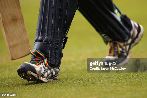 Lauren Ebsary of the Scorchers wearing rainbow shoelaces in support of ZaideeÕs Rainbow Foundation during the Women's Big Bash League match between...