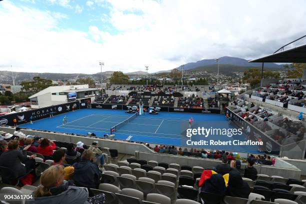 General view of the singles finals match between Mihaela Buzarnescu of Romania and Elise Mertens of Belgium during the 2018 Hobart International at...