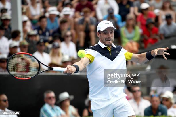Roberto Bautista Agut of Spain plays a forehand in his Mens Singles Final match against Juan Martin Del Potro of Argentina during day six of the ASB...