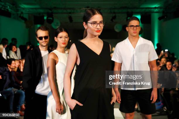 Oscar Lauterbach, Isabella Ahrens, Lucia Strunz and Tyger Lobinger during the Rodenstock Eyewear Show on January 12, 2018 in Munich, Germany.