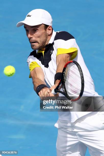 Roberto Bautista Agut of Spain plays a backhand in his Mens Singles Final match against Juan Martin Del Potro of Argentina during day six of the ASB...