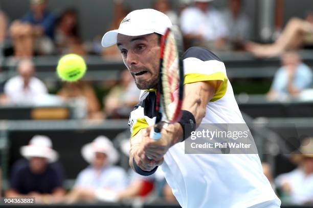 Roberto Bautista Agut of Spain plays a backhand in his Mens Singles Final match against Juan Martin Del Potro of Argentina during day six of the ASB...