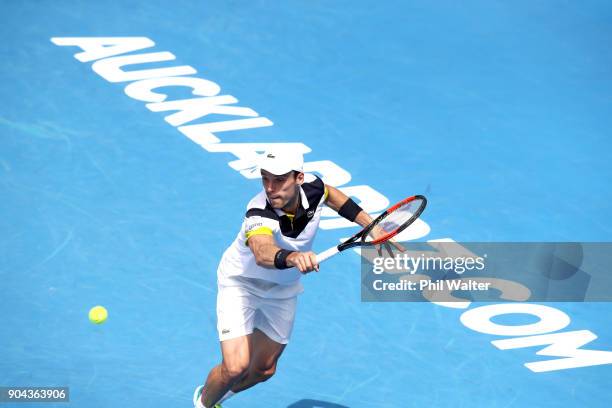 Roberto Bautista Agut of Spain plays a backhand in his Mens Singles Final match against Juan Martin Del Potro of Argentina during day six of the ASB...