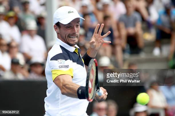 Roberto Bautista Agut of Spain plays a forehand in his Mens Singles Final match against Juan Martin Del Potro of Argentina during day six of the ASB...