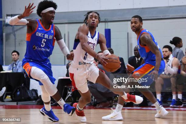 Tahjere McCall of the Long Island Nets handles the ball against the Oklahoma City Blue at NBA G League Showcase Game 18 on January 12, 2018 at the...