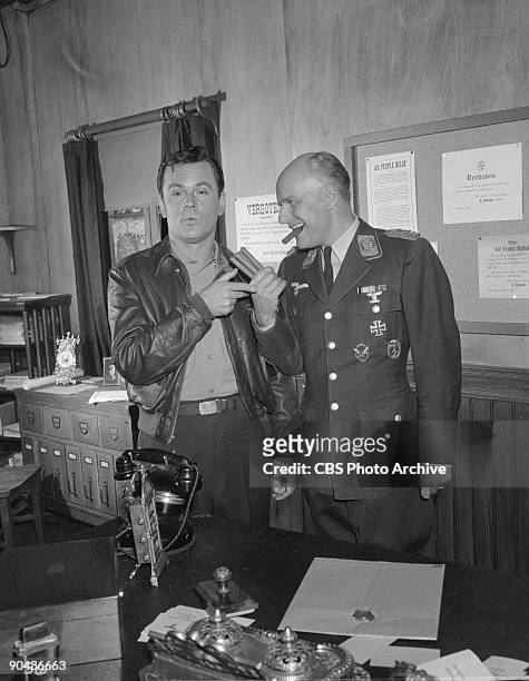 Bob Crane as Col. Robert E. Hogan, left, Werner Klemperer as Col. Wilhelm Klink in the show�s pilot, January 8, 1965.