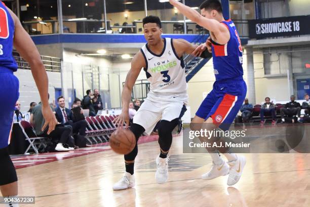 Anthony Brown of the Iowa Wolves handles the ball against the Grand Rapids Drive NBA G League Showcase Game 20 between the Grand Rapids Drive and the...