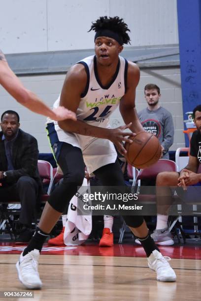 Justin Patton of the Iowa Wolves handles the ball against the Grand Rapids Drive NBA G League Showcase Game 20 between the Grand Rapids Drive and the...