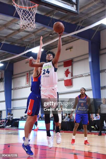 Justin Patton of the Iowa Wolves shoots the ball against the Grand Rapids Drive NBA G League Showcase Game 20 between the Grand Rapids Drive and the...