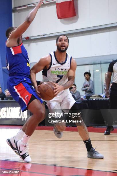 Melo Trimble of the Iowa Wolves handles the ball against the Grand Rapids Drive NBA G League Showcase Game 20 between the Grand Rapids Drive and the...