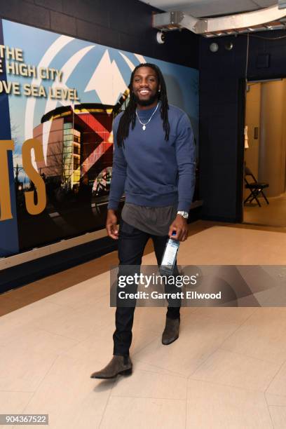 Kenneth Faried of the Denver Nuggets arrives before the game against the Memphis Grizzlies on January 12, 2018 at the Pepsi Center in Denver,...