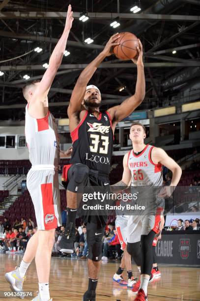 Jeremy Hollowell of the Erie BayHawks goes to the basket against the Rio Grande Valley Vipers during NBA G-League Showcase Game 21 on January 12,...