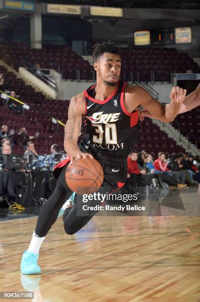 Jaylen Morris of the Erie BayHawks handles the ball against the Rio Grande Valley Vipers during NBA G-League Showcase Game 21 on January 12, 2018 at...