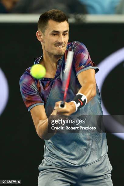 Bernard Tomic of Australia competes in his second round match against Tommy Paul of United States during 2018 Australian Open Qualifying at Melbourne...