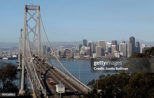 Morning commute traffic moves westbound on the western span of the San Francisco Bay Bridge September 8, 2009 in San Francisco, California. San...