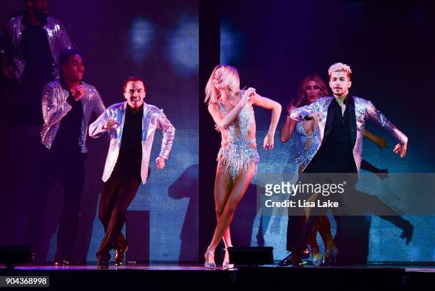 Jordan Fisher, Lindsay Arnold and Frankie Muniz perform on stage during Dancing with the Stars Live! at Sands Bethlehem Event Center on January 12,...