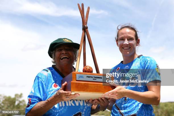 Megan Schutt of the Strikers poses with Faith Thomas during the Women's Big Bash League match between the Adelaide Strikers and the Perth Scorchers...