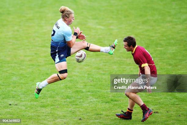 Scott Gregory of Northland loses the high ball during the Bayleys National Sevens match between Auckland and Bay of Plenty at Rotorua International...