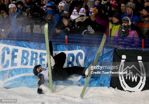 Madison Varmette of the United States crashes into the finish line barrier during in the Ladies' Aerials Finals during the 2018 FIS Freestyle Ski...