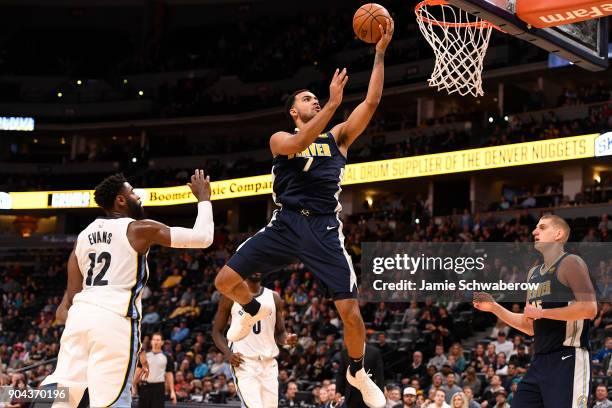 Trey Lyles of the Denver Nuggets drives against the Memphis Grizzlies at Pepsi Center on January 12, 2018 in Denver, Colorado. NOTE TO USER: User...