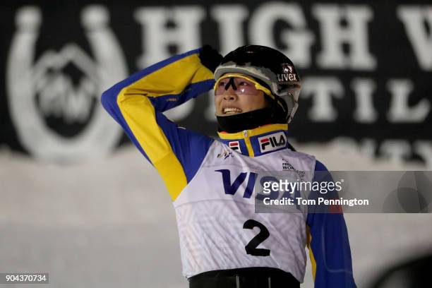 Mengtao Xu of China celebrates after a jump during in the Ladies' Aerials Finals during the 2018 FIS Freestyle Ski World Cup at Deer Valley Resort on...