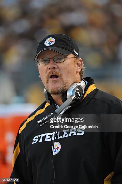 Wide receivers coach Randy Fichtner of the Pittsburgh Steelers looks on from the sideline before a National Football League preseason game against...