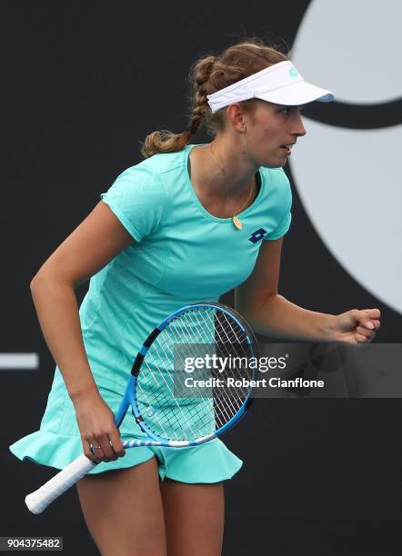 Elise Mertens of Belgium celebrates a point during her finals match against Mihaela Buzarnescu of Romania during the 2018 Hobart International at...