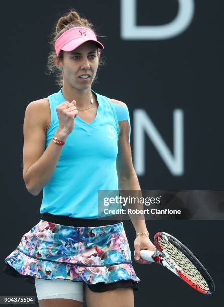 Mihaela Buzarnescu of Romania celebrates a point during her finals match against Elise Mertens of Belgium during the 2018 Hobart International at...