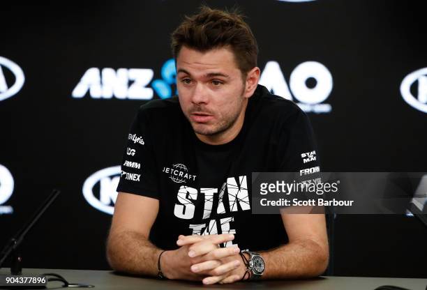 Stan Wawrinka of Switzerland speaks during a press conference ahead of the 2018 Australian Open at Melbourne Park on January 13, 2018 in Melbourne,...
