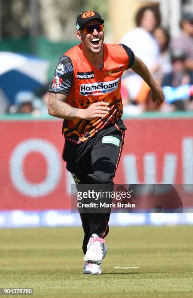 Mitchell Johnson of the Perth Scorchers catches Jake Lehmann of the Adelaide Strikers during the Big Bash League match between the Adelaide Strikers...