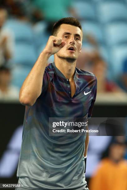 Bernard Tomic of Australia celebrates a win as he competes in his second round match against Tommy Paul of United States during 2018 Australian Open...