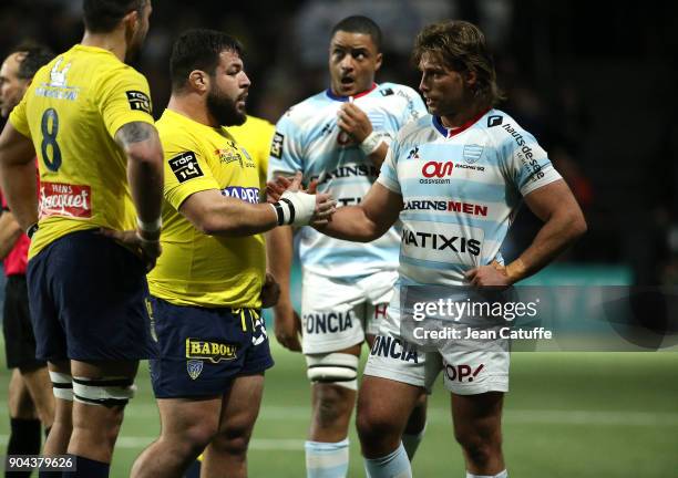 Rabah Slimani of Clermont greets Dimitri Szarzewski of Racing 92 following the Top 14 rugby match between Racing 92 and ASM Clermont Auvergne on...