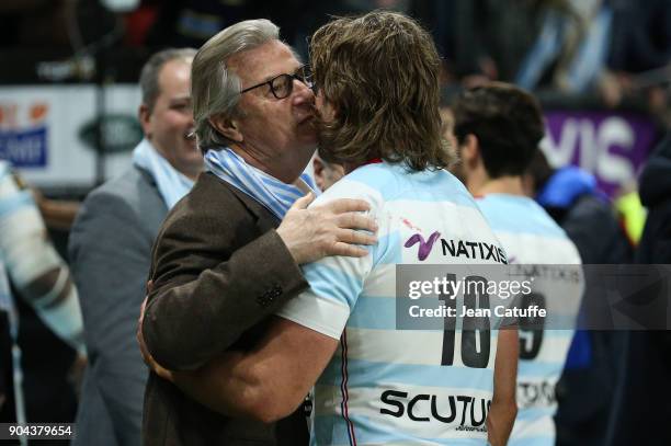 President of Racing 92 greets Dimitri Szarzewski of Racing 92 following the Top 14 rugby match between Racing 92 and ASM Clermont Auvergne on January...