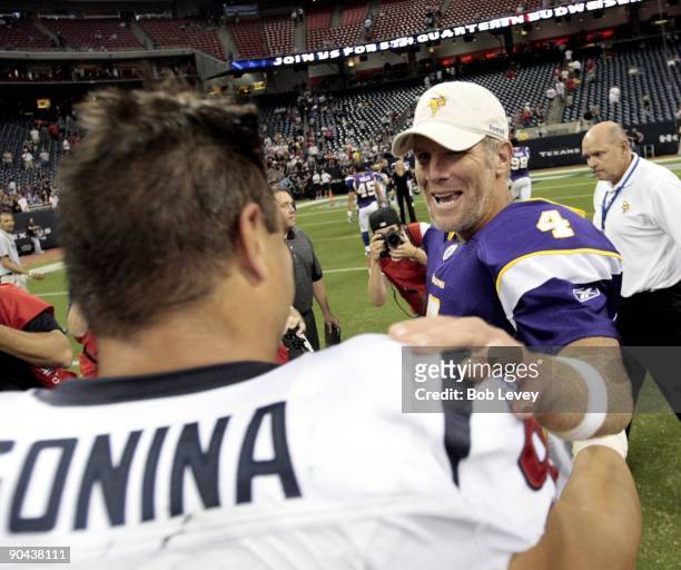Quarterback Brett Favre of the Minnesota Vikings talks with Jeff Zgonina of the Houston Texans after their game at Reliant Stadium on August 31, 2009...