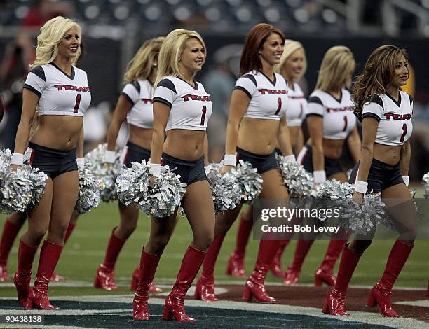 Houston Texans cheerleaders perform during a break in the game against the Minnesota Vikings at Reliant Stadium on August 31, 2009 in Houston, Texas.