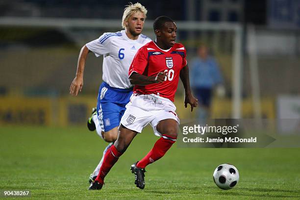 Danny Rose of England runs with the ball during the UEFA U21 Championship match between Greece and England at the Asteras Tripolis Stadium on...