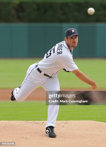 Justin Verlander of the Detroit Tigers pitches against the Tampa Bay Rays during the game at Comerica Park on August 30, 2009 in Detroit, Michigan....